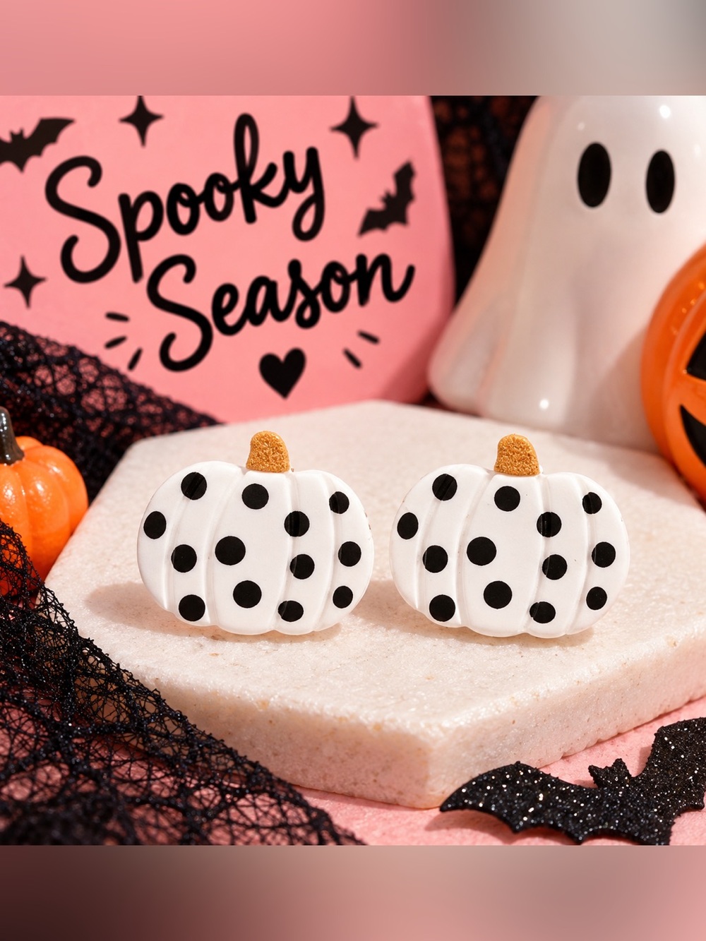 White Polka Dot Pumpkin Stud Earrings Black & White Fall Halloween